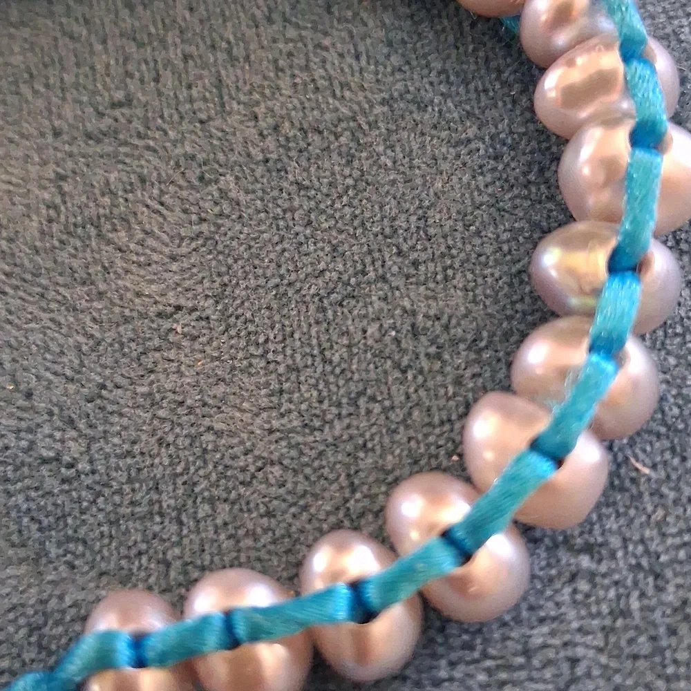 Silver Fresh Water Pearl Bead Bracelet with Turquoise Cord.